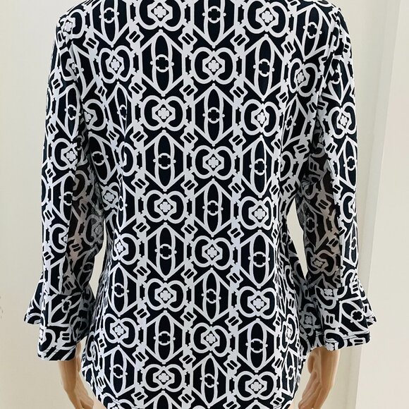 IBKUL 1/4 Button Pullover Top 3/4 Sleeve Mesh Black White Abstract Women Size  M - Picture 6 of 9